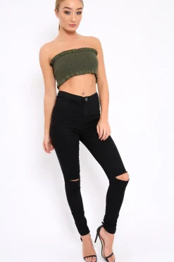 Rebellious Fashion Khaki Knit Frill Bandeau Crop Top - Poppy