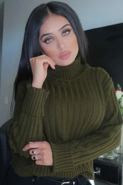Rebellious Fashion Khaki Knit High Neck Jumper - Jaelynn
