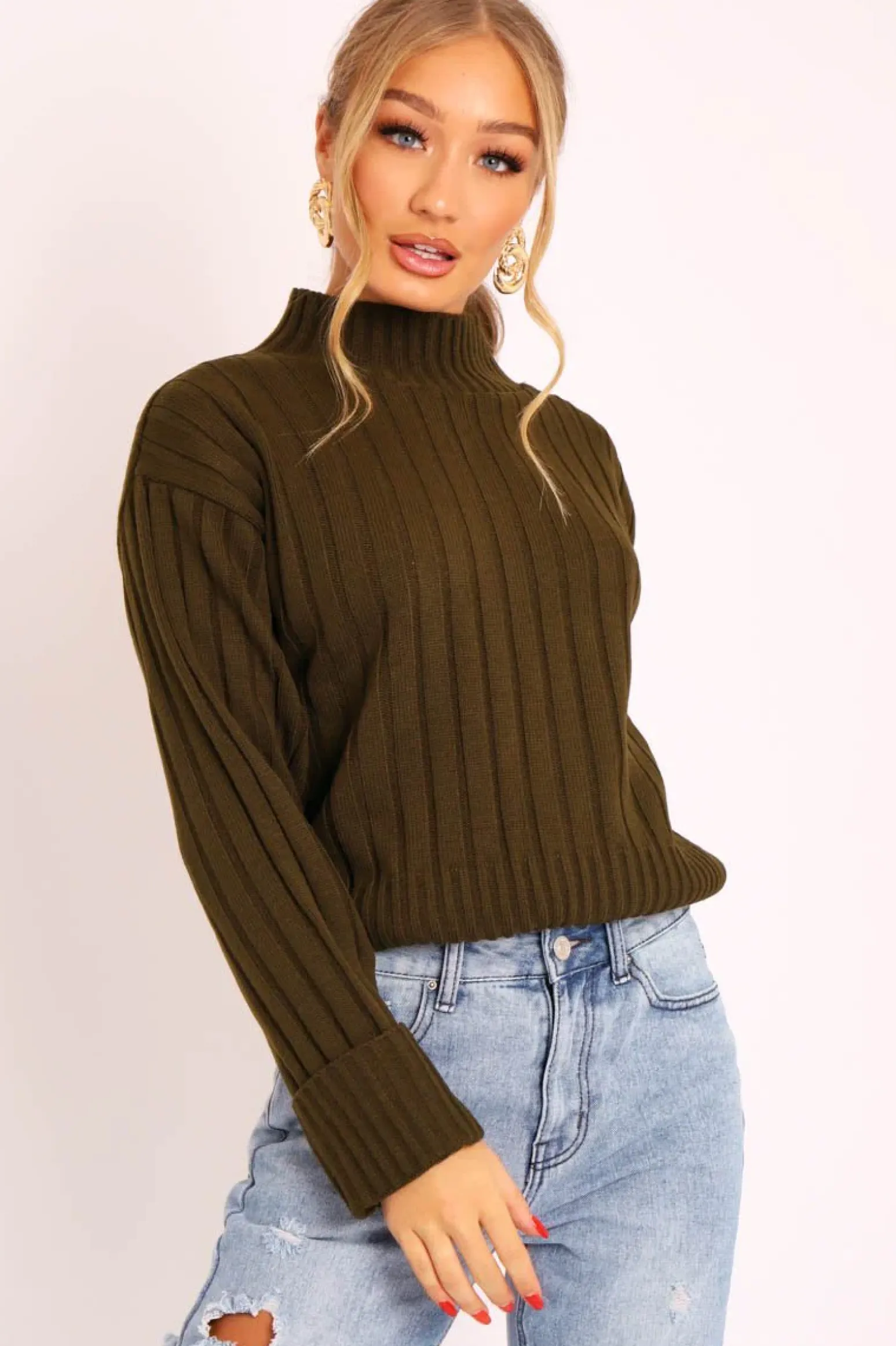 Rebellious Fashion Khaki Knit High Neck Jumper - Jaelynn