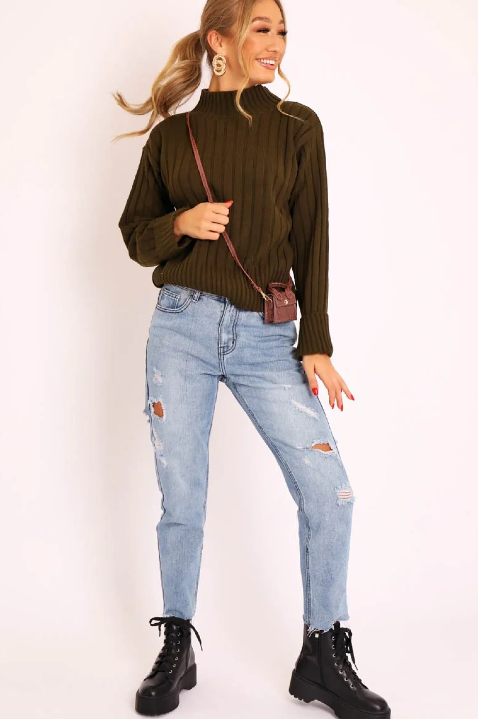 Rebellious Fashion Khaki Knit High Neck Jumper - Jaelynn