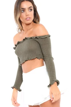 Rebellious Fashion Khaki Knitted Bardot Frill Crop Top - Kesia