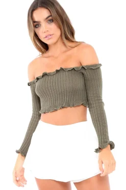 Rebellious Fashion Khaki Knitted Bardot Frill Crop Top - Kesia