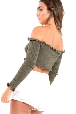 Rebellious Fashion Khaki Knitted Bardot Frill Crop Top - Kesia