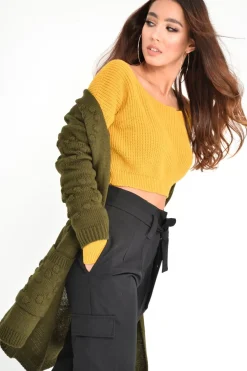 Rebellious Fashion Khaki Knitted Longline Bobble Cardigan - Annette