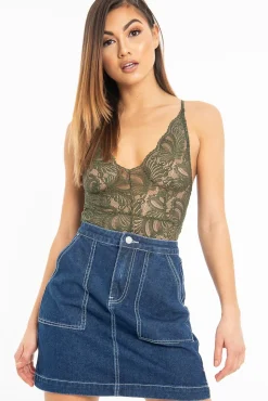 Rebellious Fashion Khaki Lace Cross Back Bodysuit - Brogan