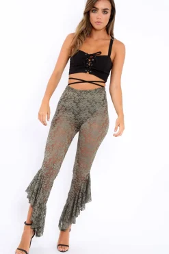 Rebellious Fashion Khaki Lace Dip Hem Trousers - Fion