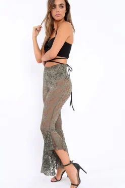 Rebellious Fashion Khaki Lace Dip Hem Trousers - Fion