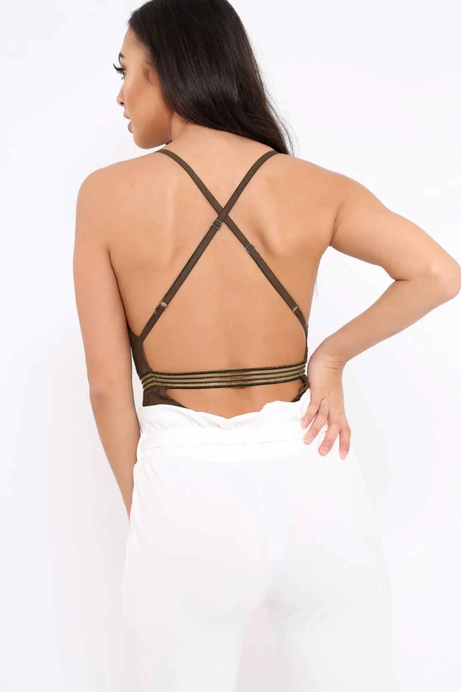 Rebellious Fashion Khaki Lace Open Back Bodysuit - Naomie