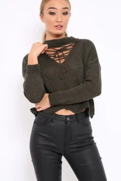 Rebellious Fashion Khaki Lace up Jumper - Deena