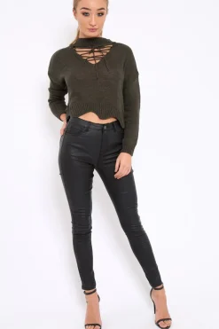 Rebellious Fashion Khaki Lace up Jumper - Deena