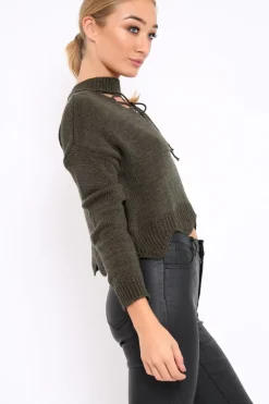 Rebellious Fashion Khaki Lace up Jumper - Deena