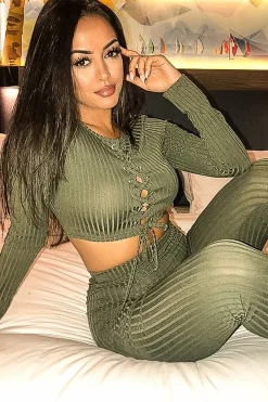 Rebellious Fashion Khaki Lace Up Rib Crop Top Trousers Loungewear Set - Jesi