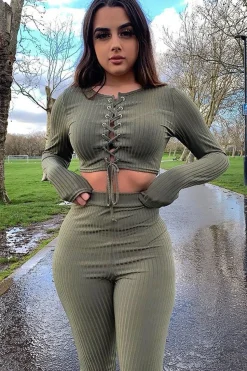 Rebellious Fashion Khaki Lace Up Rib Crop Top Trousers Loungewear Set - Jesi