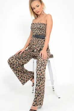 Rebellious Fashion Khaki Leopard Bandeau Wide Leg Jumpsuit - Taygen