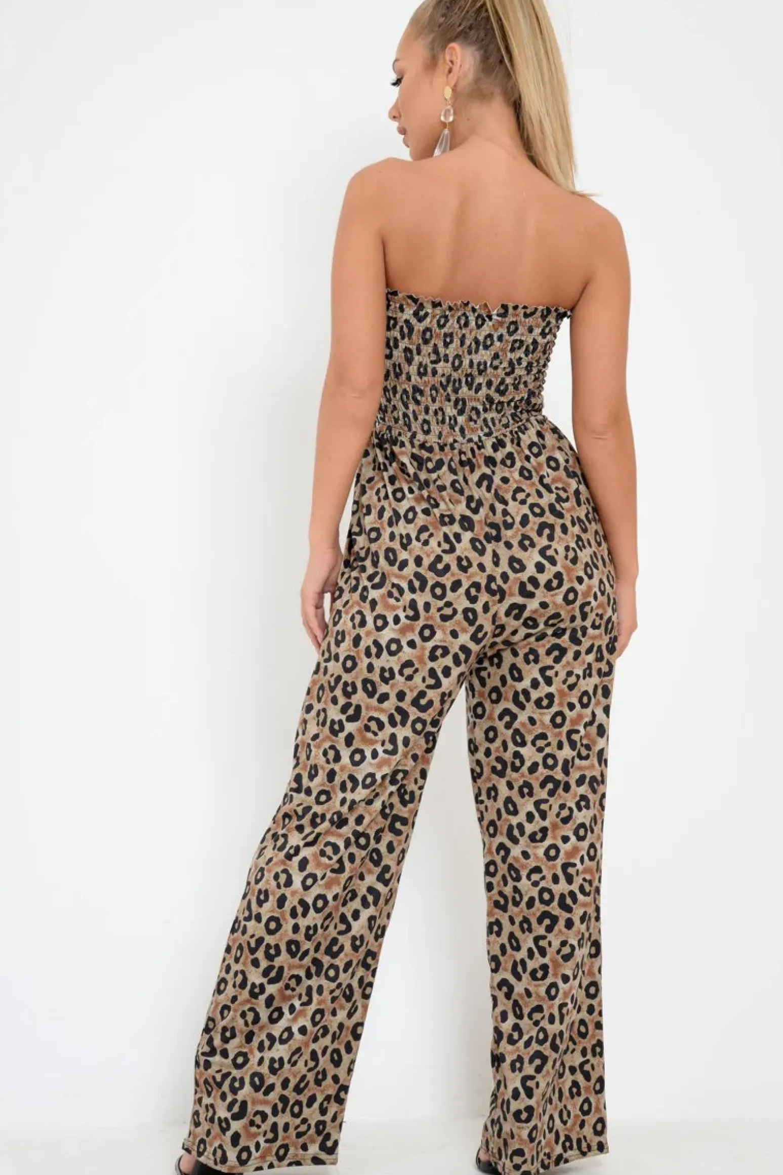 Rebellious Fashion Khaki Leopard Bandeau Wide Leg Jumpsuit - Taygen