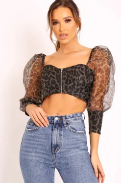 Rebellious Fashion Khaki Leopard Mesh Puff Sleeve Crop Top - Miri