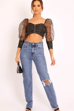 Rebellious Fashion Khaki Leopard Mesh Puff Sleeve Crop Top - Miri