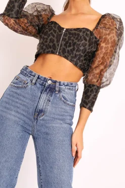 Rebellious Fashion Khaki Leopard Mesh Puff Sleeve Crop Top - Miri