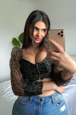 Rebellious Fashion Khaki Leopard Mesh Puff Sleeve Crop Top - Miri