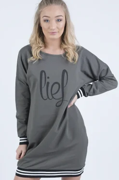 Rebellious Fashion Khaki Lies Slogan Jumper Dress - Ellie