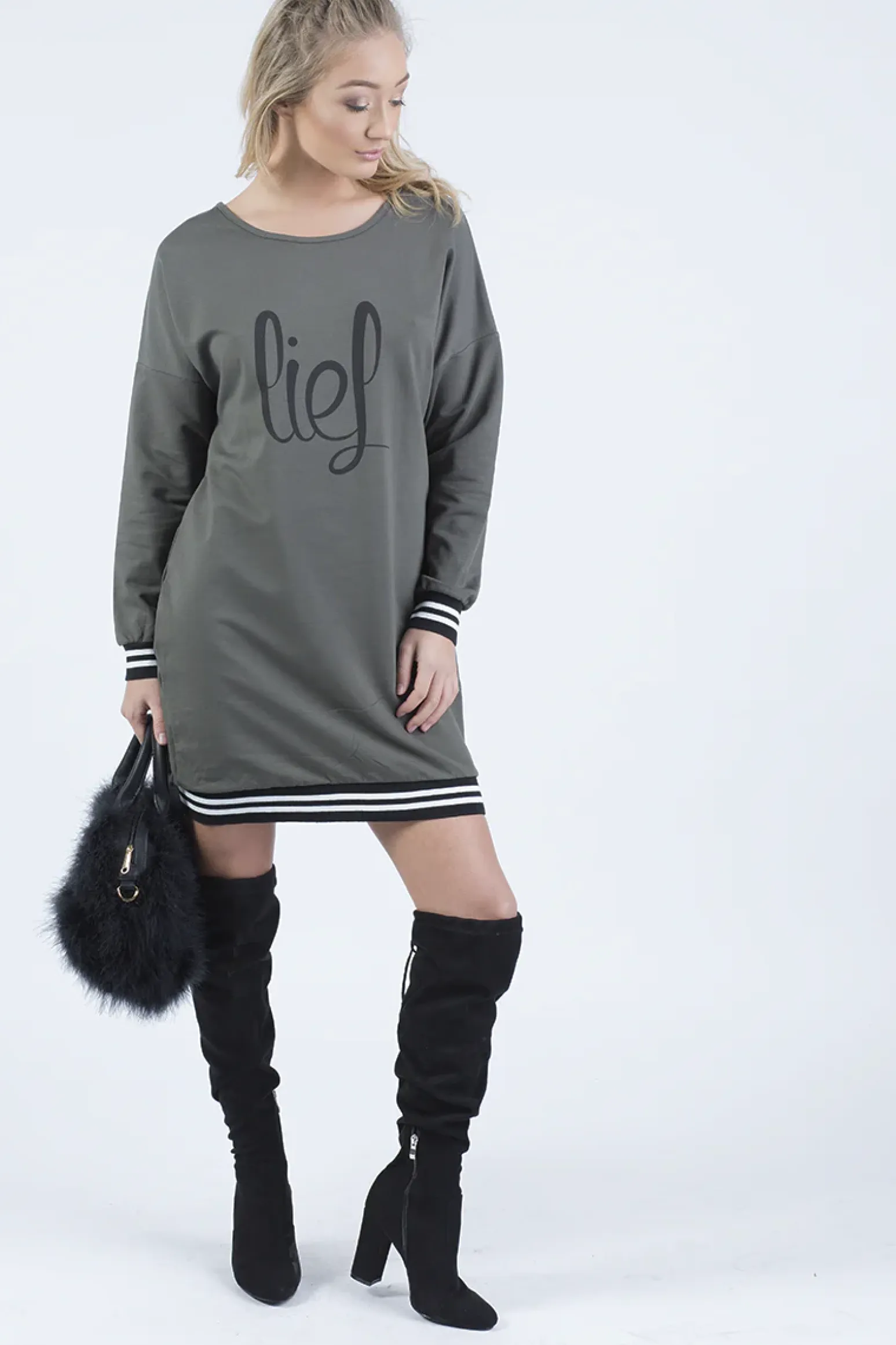 Rebellious Fashion Khaki Lies Slogan Jumper Dress - Ellie