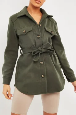 Rebellious Fashion Khaki Long Belted Shacket - Maryah