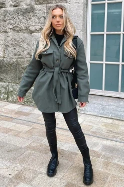 Rebellious Fashion Khaki Long Belted Shacket - Maryah
