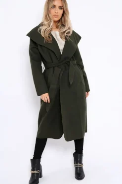 Rebellious Fashion Khaki Long Length Waterfall Belted Coat - Cindy