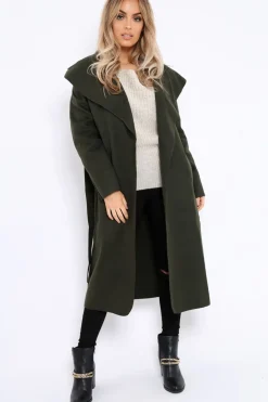 Rebellious Fashion Khaki Long Length Waterfall Belted Coat - Cindy