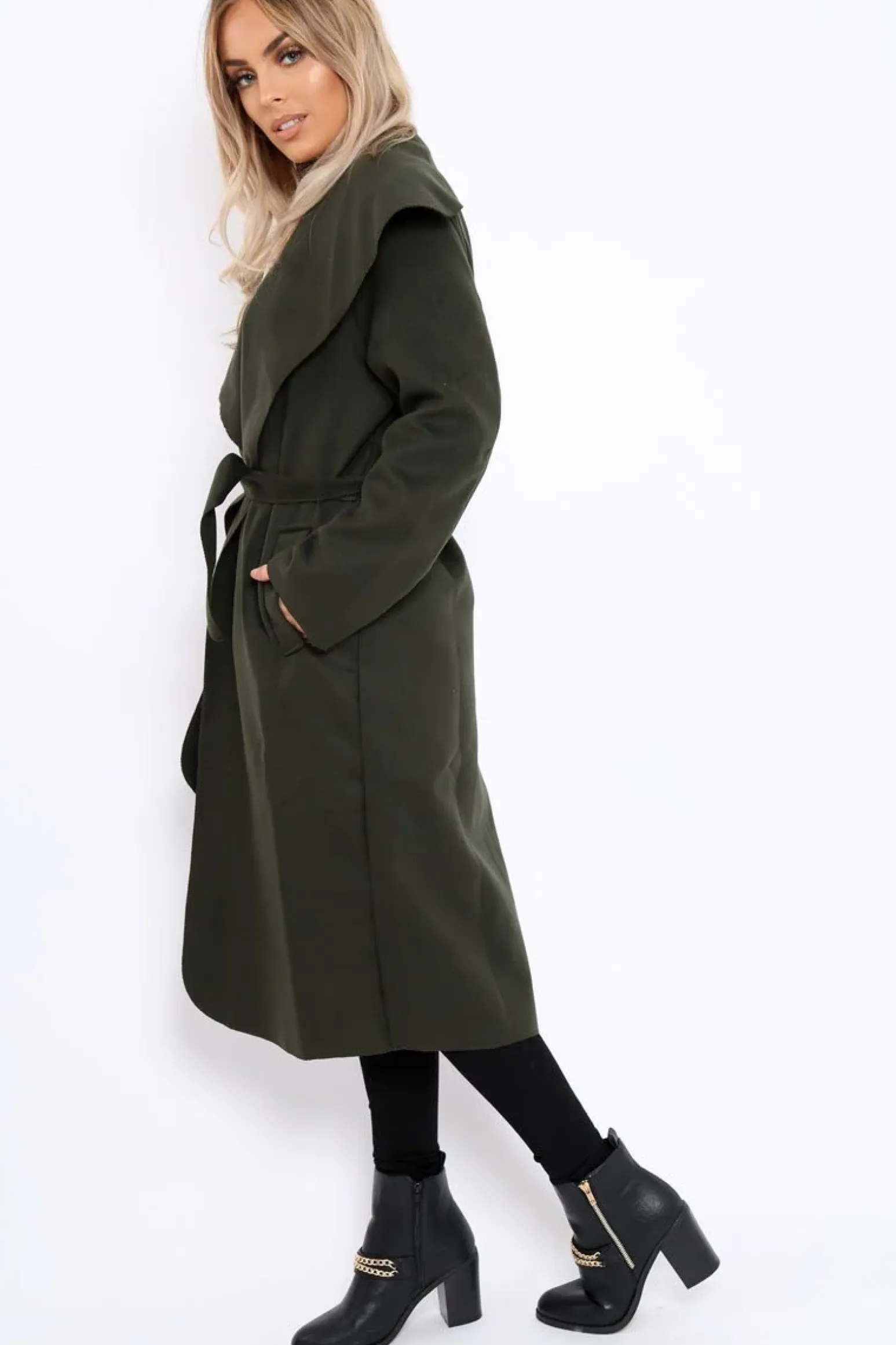 Rebellious Fashion Khaki Long Length Waterfall Belted Coat - Cindy