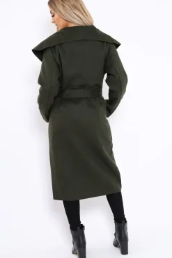 Rebellious Fashion Khaki Long Length Waterfall Belted Coat - Cindy