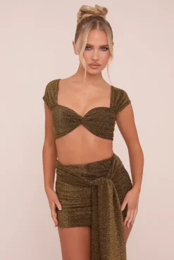 Rebellious Fashion Khaki Lurex Crop Top & Tie Detail Mini Skirt Co-ord Set - Veronica