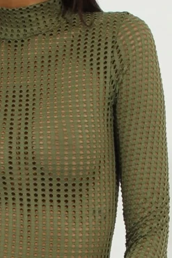 Rebellious Fashion Khaki Mesh Airtex Long Sleeve Bodysuit - Halley