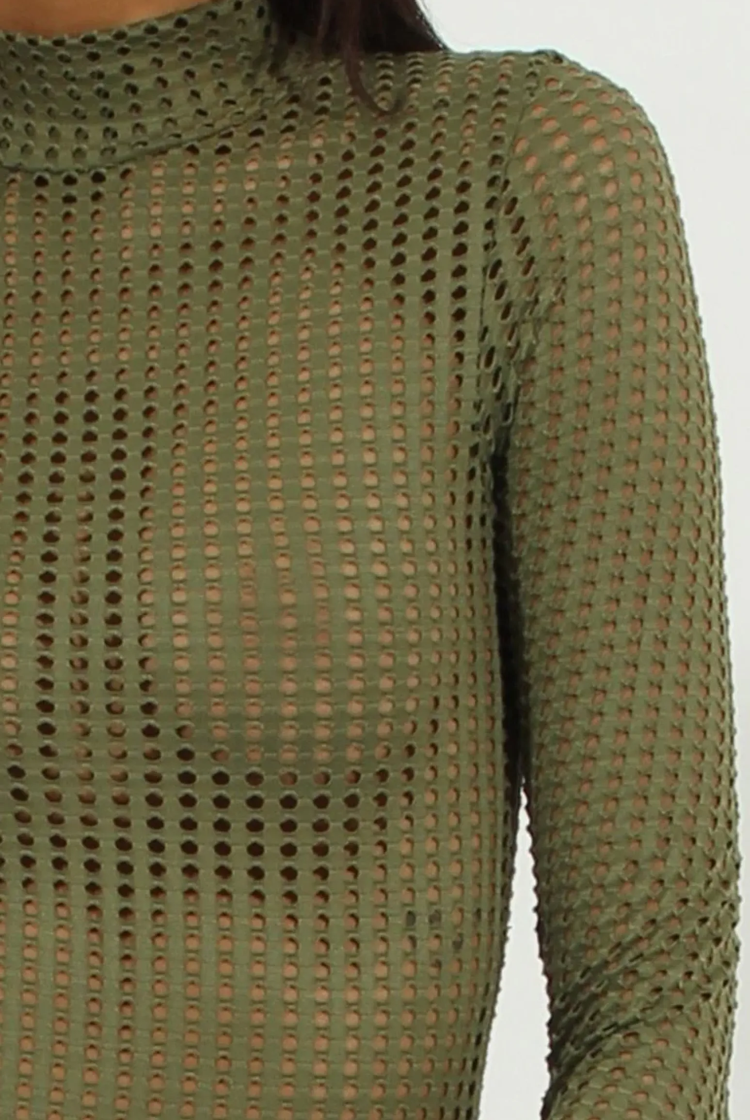 Rebellious Fashion Khaki Mesh Airtex Long Sleeve Bodysuit - Halley