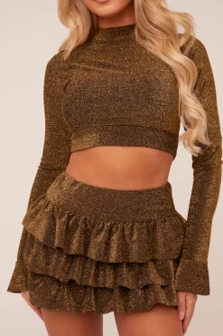 Rebellious Fashion Khaki Metallic Lurex High Neck Cropped Top & Mini Skirt Co-ord Set - Felipa