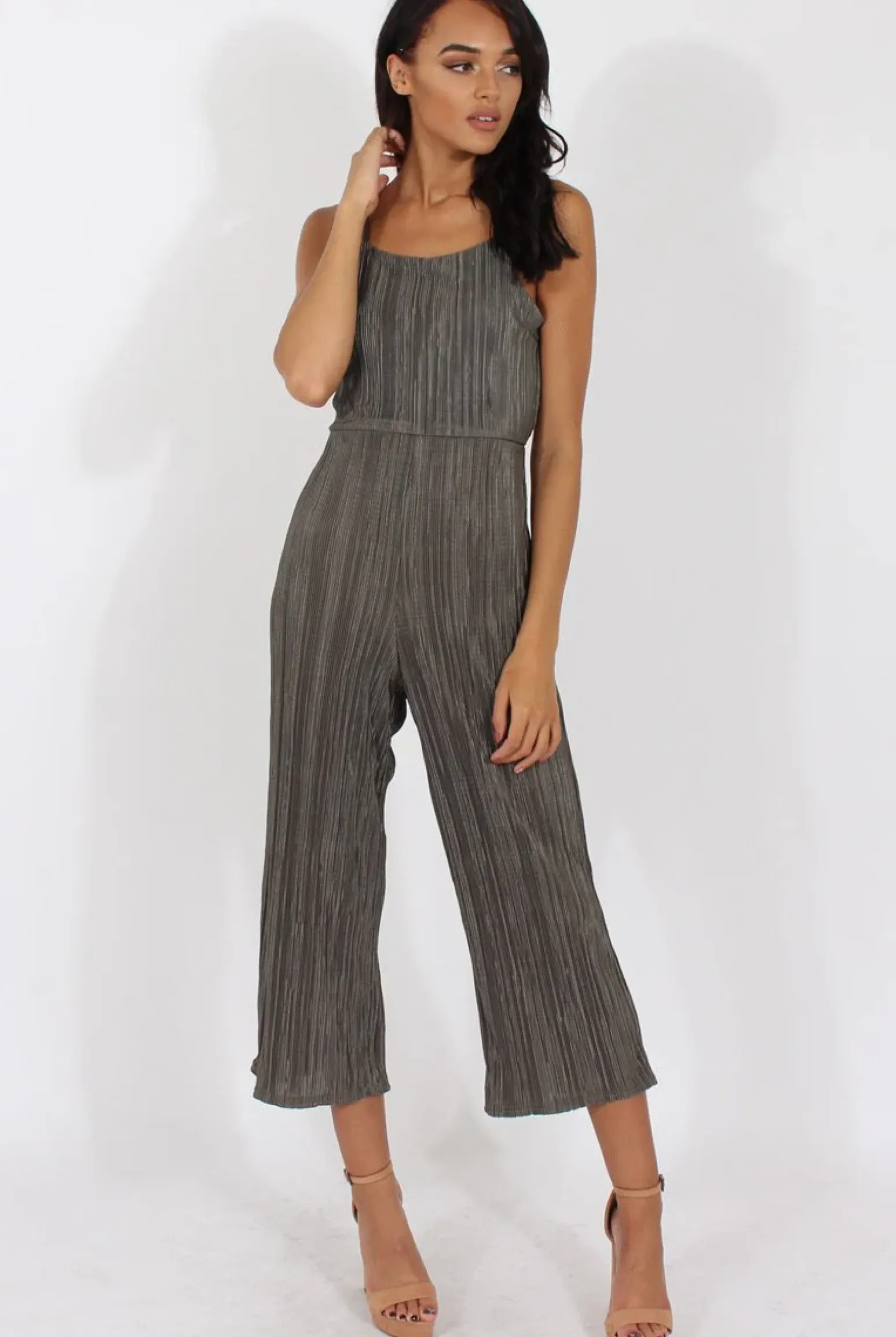 Rebellious Fashion Khaki Metallic Pleated Cropped Jumpsuit - Arabella