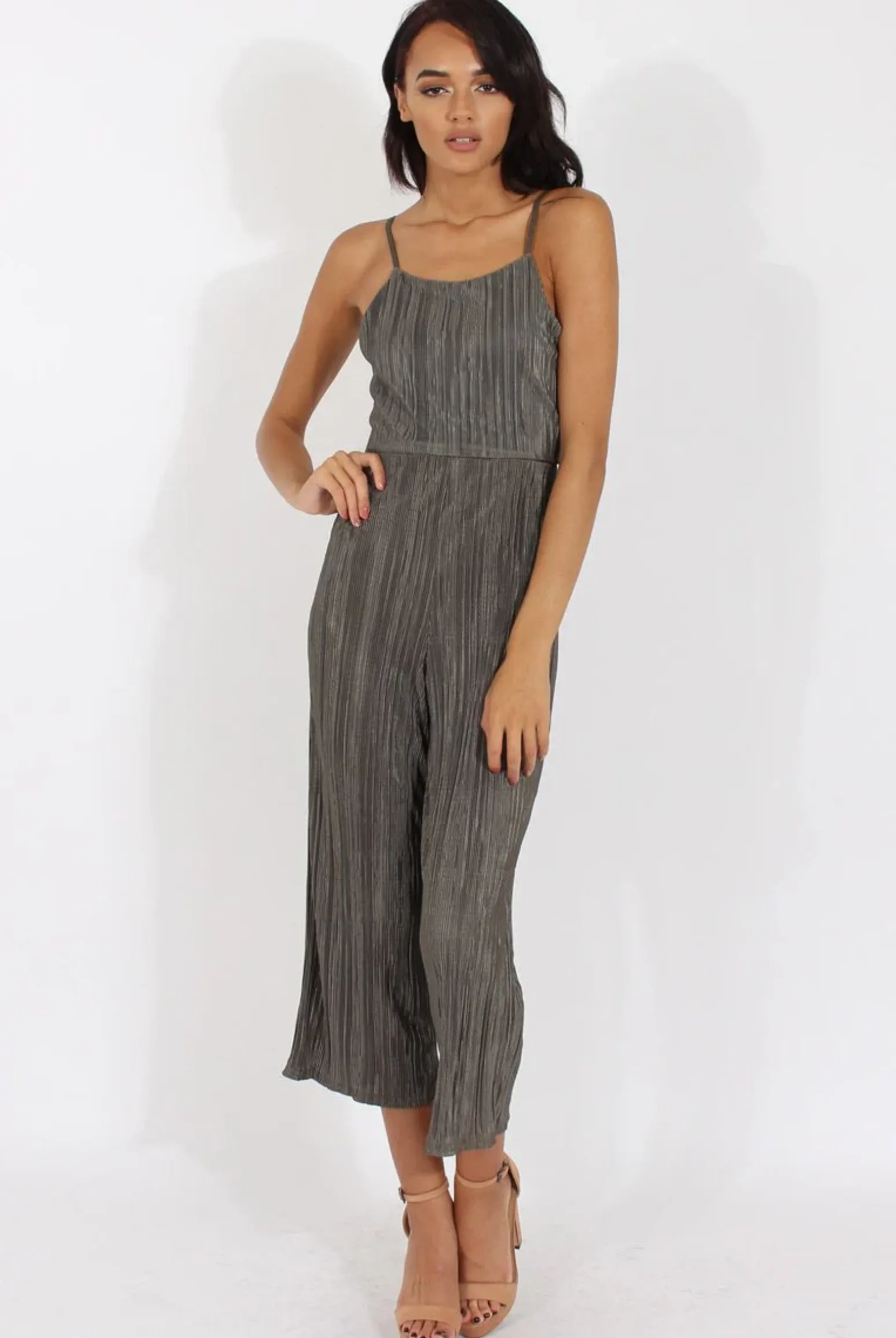 Rebellious Fashion Khaki Metallic Pleated Cropped Jumpsuit - Arabella