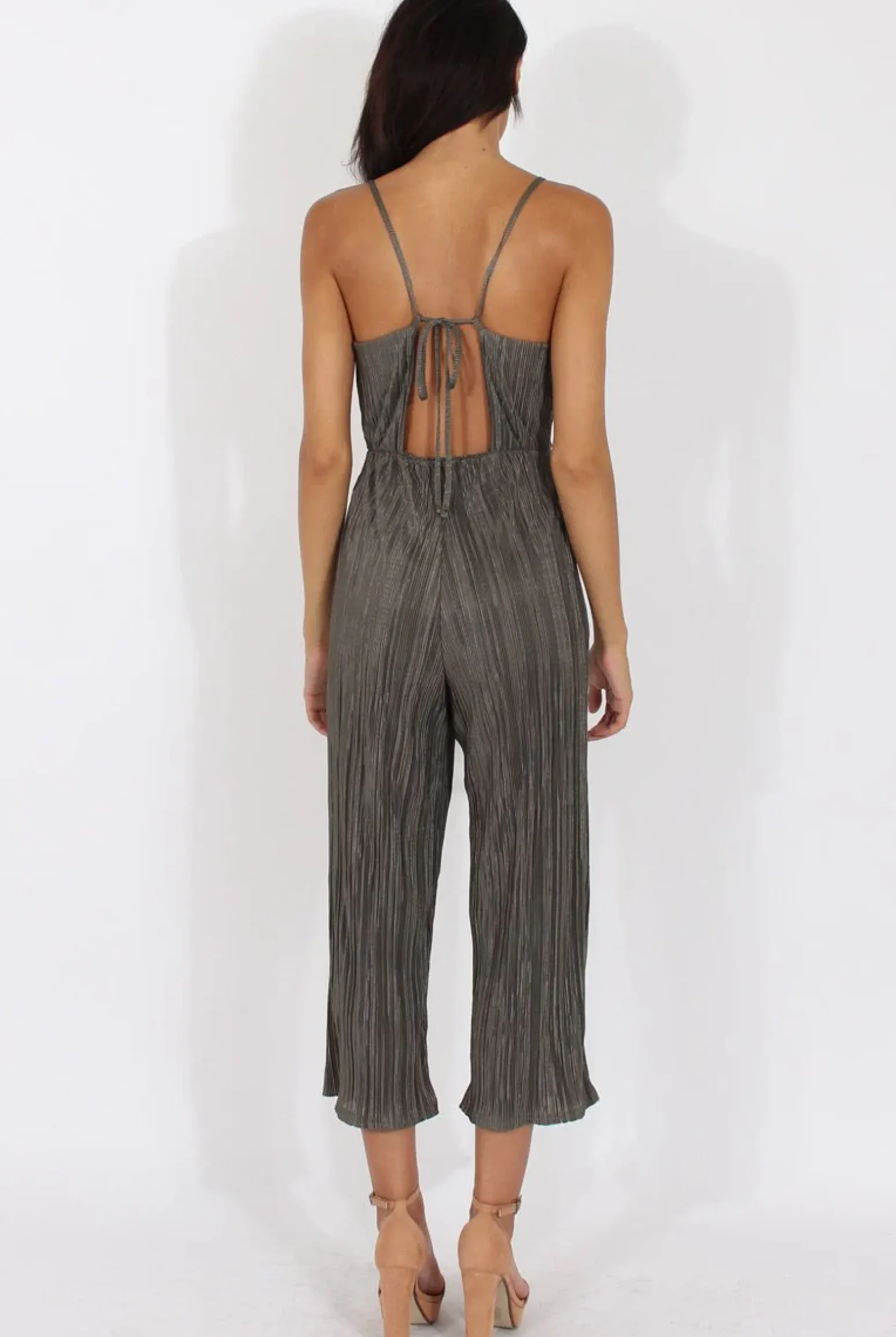 Rebellious Fashion Khaki Metallic Pleated Cropped Jumpsuit - Arabella