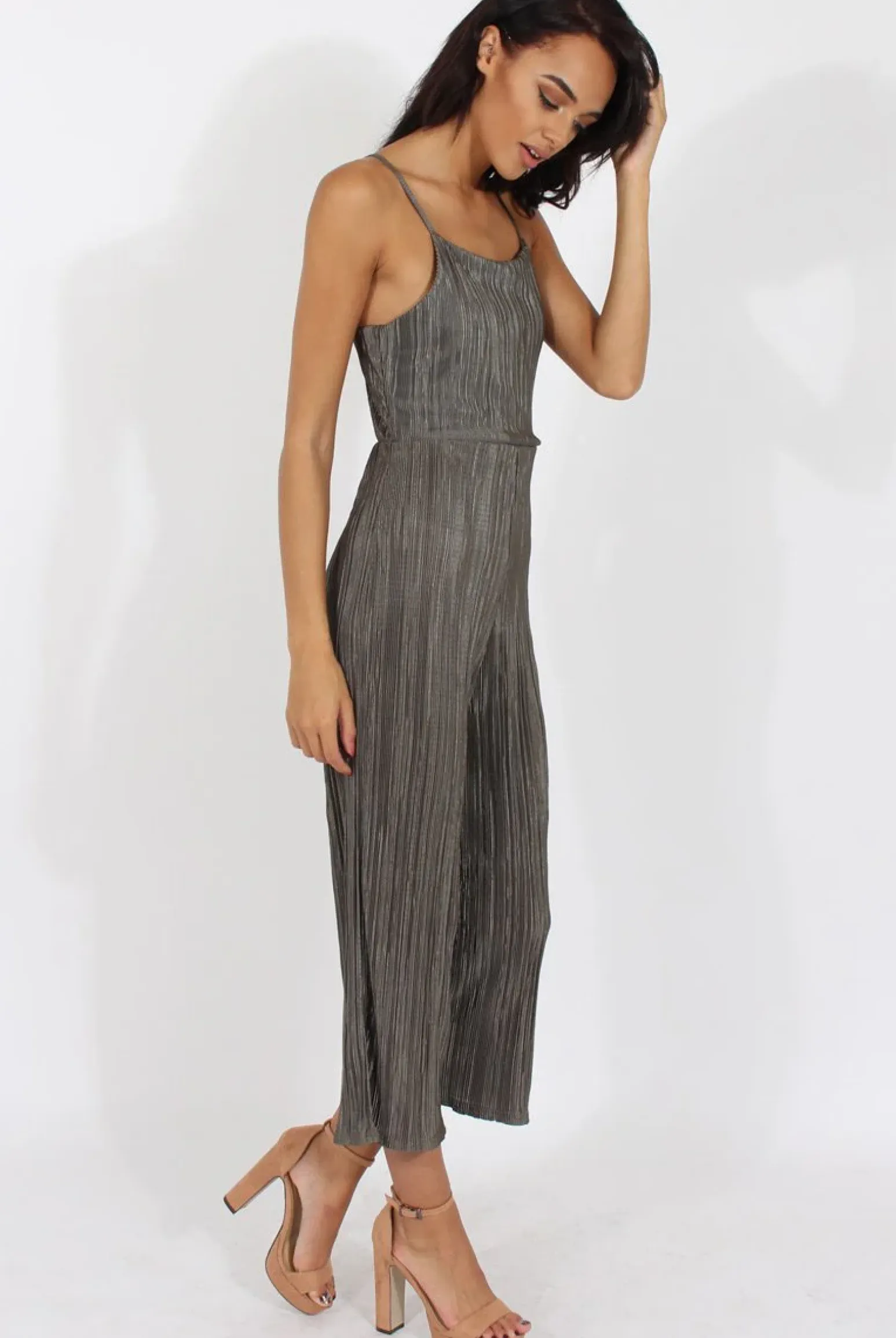 Rebellious Fashion Khaki Metallic Pleated Cropped Jumpsuit - Arabella