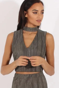Rebellious Fashion Khaki Metallic Pleated High Neck Cut Out Crop Top - Polly