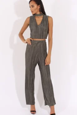 Rebellious Fashion Khaki Metallic Pleated High Neck Cut Out Crop Top - Polly