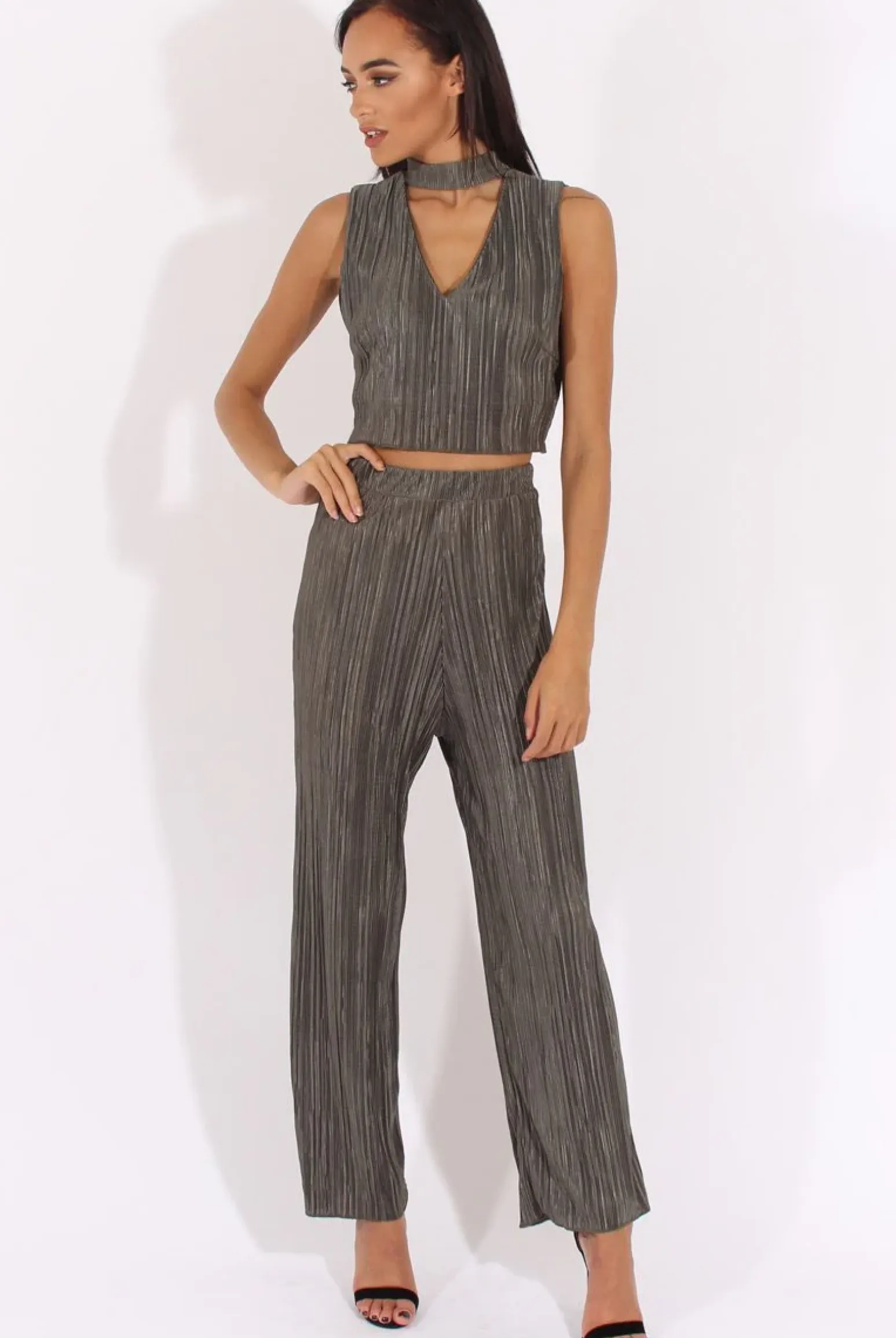Rebellious Fashion Khaki Metallic Pleated High Neck Cut Out Crop Top - Polly
