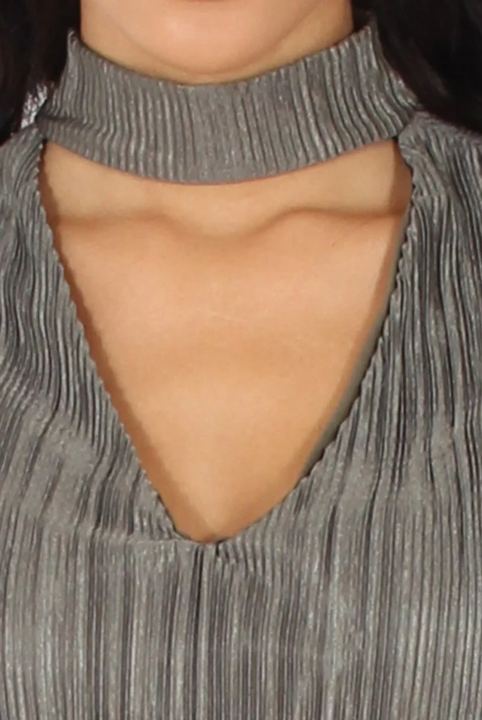 Rebellious Fashion Khaki Metallic Pleated High Neck Cut Out Crop Top - Polly
