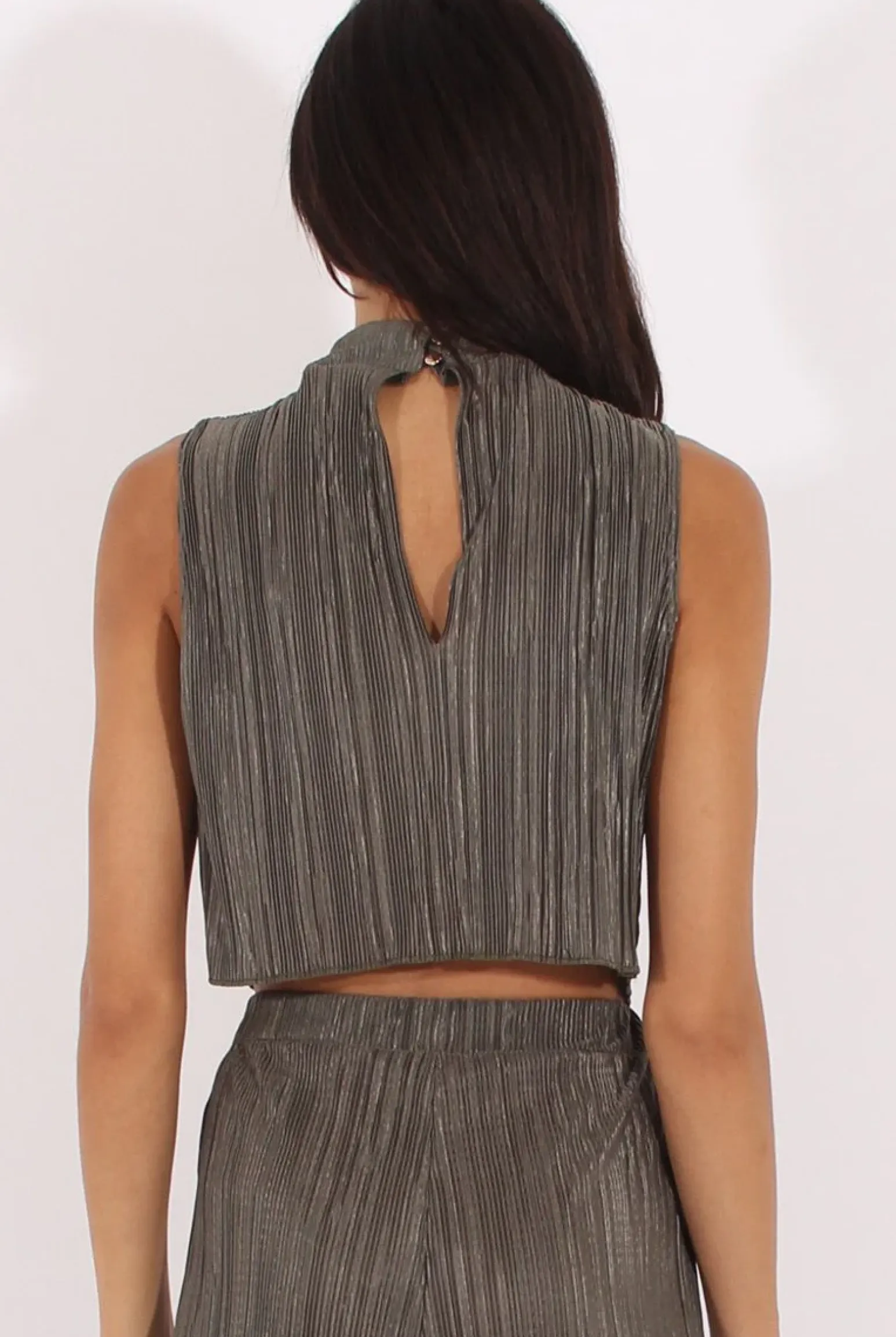 Rebellious Fashion Khaki Metallic Pleated High Neck Cut Out Crop Top - Polly