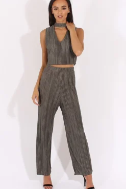 Rebellious Fashion Khaki Metallic Pleated High Waisted Trousers - Phoebe