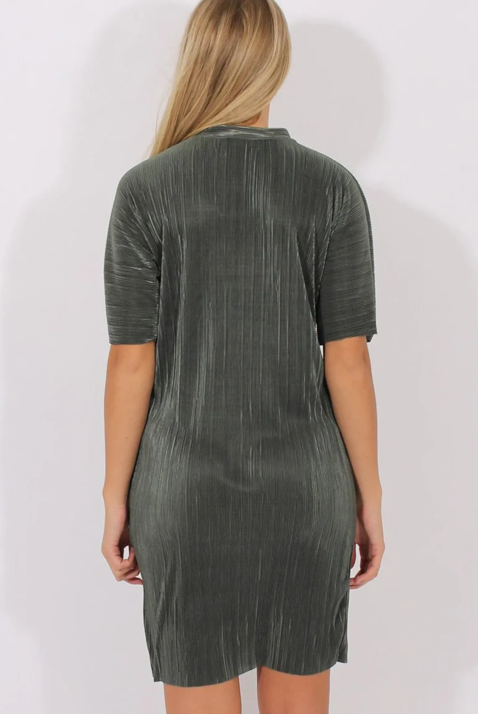 Rebellious Fashion Khaki Metallic Pleated Short Sleeve Midi Dress - Kitty