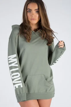 Rebellious Fashion Khaki 'My Love' Slogan Oversized Hoodie - Tish
