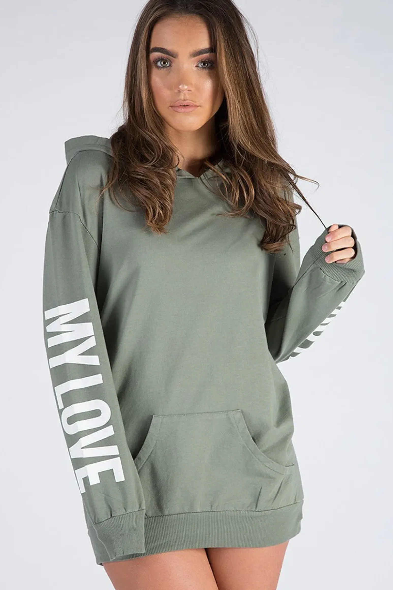 Rebellious Fashion Khaki 'My Love' Slogan Oversized Hoodie - Tish