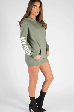 Rebellious Fashion Khaki 'My Love' Slogan Oversized Hoodie - Tish
