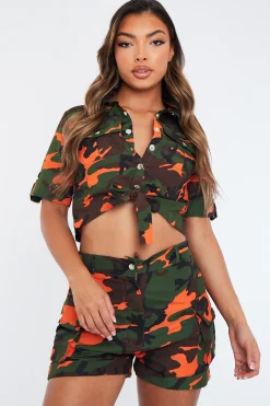 Rebellious Fashion Khaki Orange Camo Button Front Utility Shirt & Shorts Set - Galia